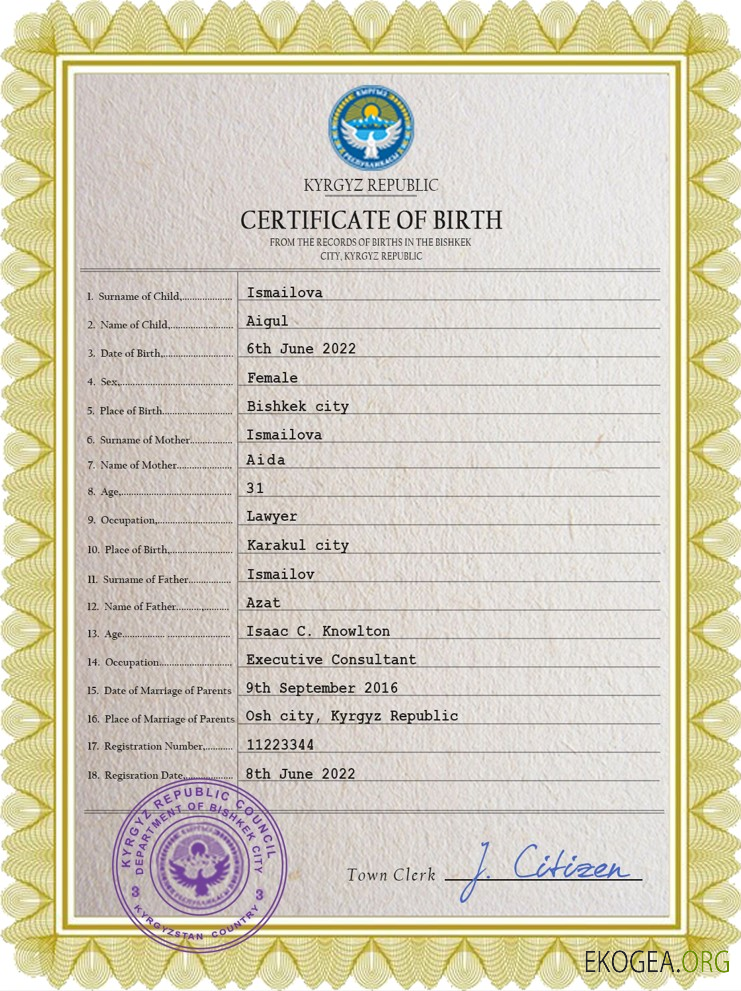 Modèle PSD de certificat de naissance d'état civil du Kirghizistan